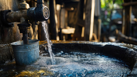 Close-up of a hand-crank water pump beside a shallow well, with a metal bucket catching the flowing water.の素材