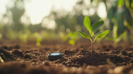Close-up of a moisture sensor embedded in the soil beside a young sapling, connected to an automated irrigation system.の素材