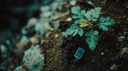 Close-up of a moisture sensor embedded in the soil beside a young sapling, connected to an automated irrigation system.の素材