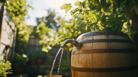 Close-up of a rainwater harvesting barrel connected to a downspout, with a spigot filling a watering can below.の素材