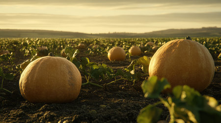 Close-up of a pumpkin patch with large, orange pumpkins nestled among green vines, awaiting harvest under a clear autumn sky.の素材