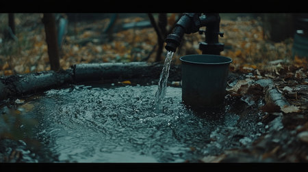 Close-up of a hand-crank water pump beside a shallow well, with a metal bucket catching the flowing water.の素材