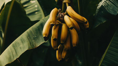 Close-up of a cluster of ripe bananas hanging from a tree, ready for harvest, with large green leaves in the background.の素材