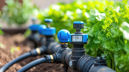 Close-up of a timer-controlled irrigation valve connected to a network of hoses in a backyard vegetable garden.の素材