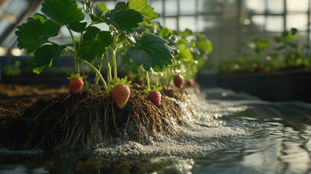 Close-up of water flowing from a perforated pipe onto the roots of a row of strawberry plants in a greenhouse.の素材