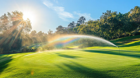 Sprinklers spraying water over a lush golf course, creating rainbows in the mist under a bright afternoon sun.の素材