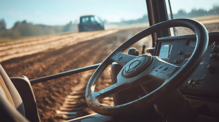 Close-up of a tractor's steering wheel and controls, with a blurred view of a plowed field through the windshield.の素材