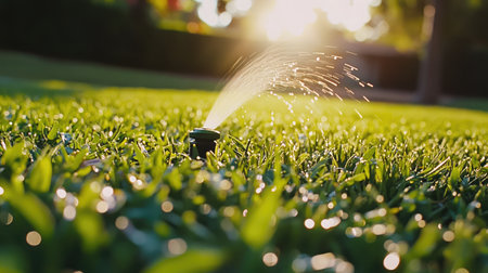 Close-up of a rotating sprinkler head dispersing water droplets onto a manicured lawn, with sunlight creating a bokeh effect.の素材