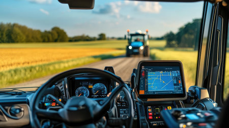 Close-up of a tractor's dashboard, showcasing gauges and controls, with a blurred field visible through the windshield.の素材