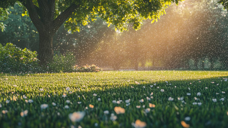 Close-up of a rotating sprinkler head dispersing water droplets onto a manicured lawn, with sunlight creating a bokeh effect.の素材