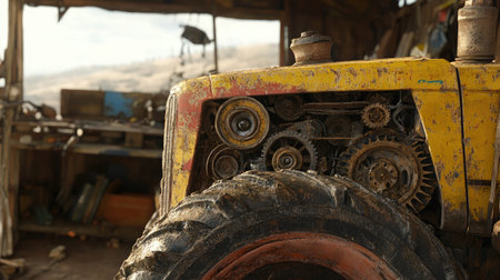 Close-up of a tractor's engine components, showcasing gears, belts, and metal parts, with a rustic workshop in the background.の素材