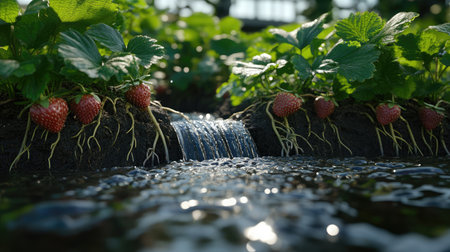 Close-up of water flowing from a perforated pipe onto the roots of a row of strawberry plants in a greenhouse.の素材