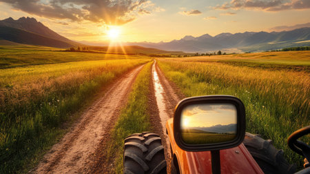 Close-up of a tractor's rearview mirror reflecting a dusty farm road and distant mountains under a setting sun.の素材