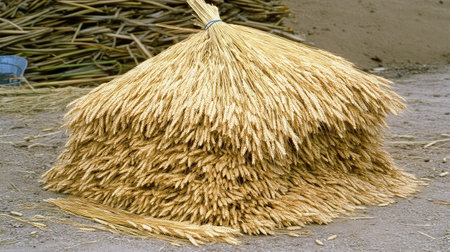 Close-up of golden barley heads heavy with grain, bending towards the ground, indicating readiness for harvest.の素材