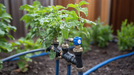 Close-up of a timer-controlled irrigation valve connected to a network of hoses in a backyard vegetable garden.の素材