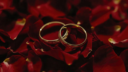 A close-up of two intertwined gold rings resting on a bed of red rose petals, symbolizing eternal love and commitment.の素材
