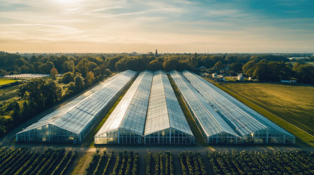 Aerial view of a large greenhouse complex with glass roofs reflecting sunlight, surrounded by lush green fields.の素材