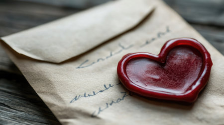 A close-up of a handwritten love note on parchment paper, sealed with a wax heart stamp, evoking timeless romance.の素材