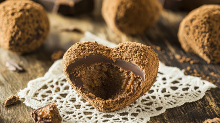 A close-up of a heart-shaped chocolate truffle with a bite taken out, placed on a delicate lace napkin.の素材