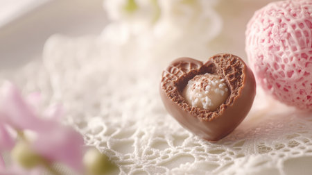 A close-up of a heart-shaped chocolate truffle with a bite taken out, placed on a delicate lace napkin.の素材