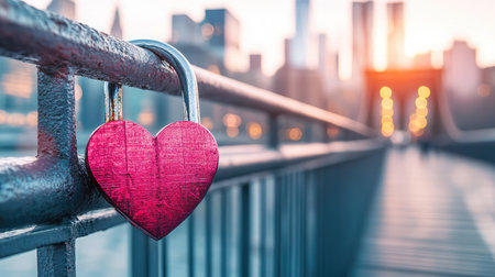 A close-up of a love lock attached to a bridge railing, with a blurred cityscape in the background, symbolizing enduring love.の素材