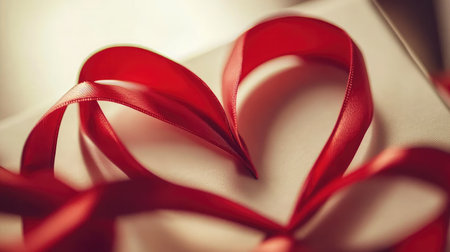 A close-up of a red ribbon forming a heart shape on a white gift box, symbolizing the joy of giving and receiving love.の素材