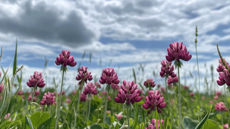 A field of red clover cover crop in full bloom, enriching the soil with nitrogen, under a partly cloudy sky.の素材