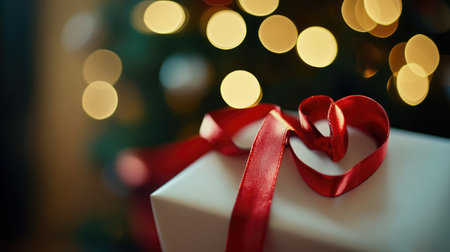 A close-up of a red ribbon forming a heart shape on a white gift box, symbolizing the joy of giving and receiving love.の素材