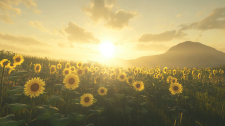 A field of sunflowers with heads turned towards the rising sun, symbolizing the vitality of organic farming.の素材