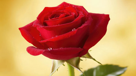 A close-up of a single red rose with dew droplets on its petals, symbolizing passion and romance.の素材