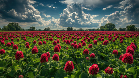 A field of red clover cover crop in full bloom, enriching the soil with nitrogen, under a partly cloudy sky.の素材