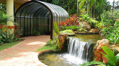 A greenhouse with a curved glass roof, housing a variety of tropical plants and a small waterfall feature.の素材