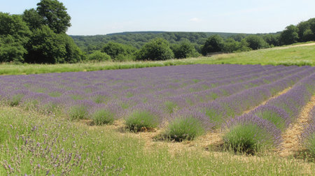 A field of lavender in full bloom, with rows of purple flowers stretching towards the horizon under a clear sky.の素材