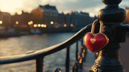 A close-up of a love lock attached to a bridge railing, with a blurred cityscape in the background, symbolizing enduring love.の素材