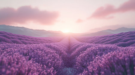 A field of lavender in full bloom, with rows of purple flowers stretching towards the horizon under a clear sky.の素材