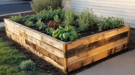 A diverse herb garden with basil, rosemary, thyme, and parsley growing in raised beds made from reclaimed wood.の素材
