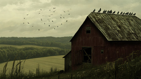 A flock of pigeons perched on the roof of a rustic barn, with fields and forests stretching out below under a cloudy sky.の素材