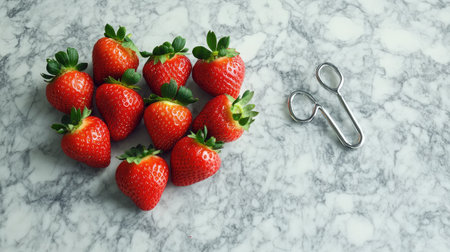 A heart-shaped arrangement of fresh strawberries on a marble countertop, symbolizing sweet and natural love.の素材