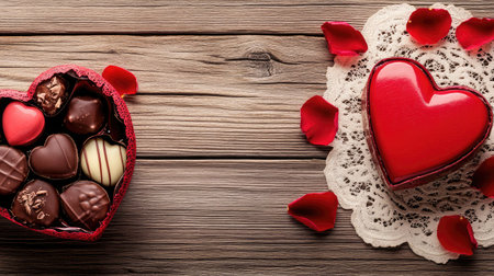 A heart-shaped box of assorted chocolates placed on a lace doily, with rose petals scattered around on a wooden surface.の素材