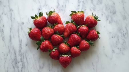 A heart-shaped arrangement of fresh strawberries on a marble countertop, symbolizing sweet and natural love.の素材