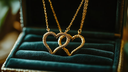 A pair of intertwined gold necklaces forming a heart shape on a velvet jewelry box, symbolizing connection and affection.の素材