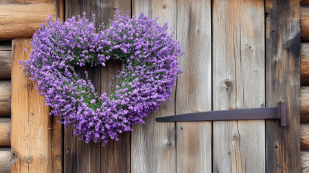 A heart-shaped wreath made of lavender and baby's breath hanging on a rustic wooden door, evoking a sense of welcoming love.の素材
