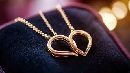 A pair of intertwined gold necklaces forming a heart shape on a velvet jewelry box, symbolizing connection and affection.の素材