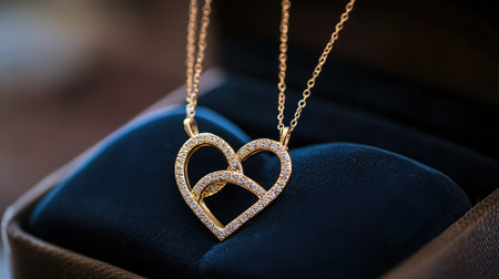 A pair of intertwined gold necklaces forming a heart shape on a velvet jewelry box, symbolizing connection and affection.の素材
