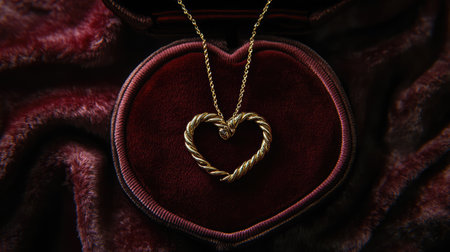 A pair of intertwined gold necklaces forming a heart shape on a velvet jewelry box, symbolizing connection and affection.の素材