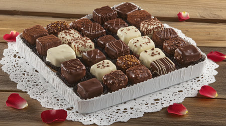 A heart-shaped box of assorted chocolates placed on a lace doily, with rose petals scattered around on a wooden surface.の素材