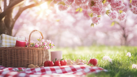 A romantic picnic setup with a checkered blanket, a wicker basket, and a bouquet of wildflowers under a blooming cherry blossom tree.の素材