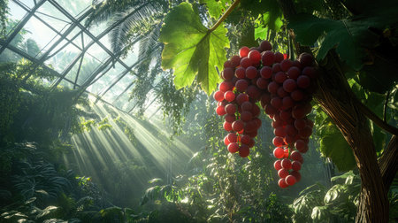 Close-up of a cluster of grapes hanging from a vine inside a greenhouse, with sunlight filtering through the leaves.の素材