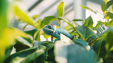 Close-up of a chameleon perched on a branch among lush foliage inside a greenhouse.の素材