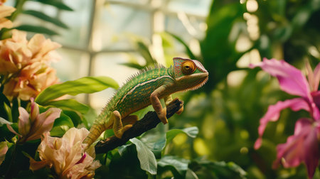 Close-up of a chameleon perched on a branch among lush foliage inside a greenhouse.の素材